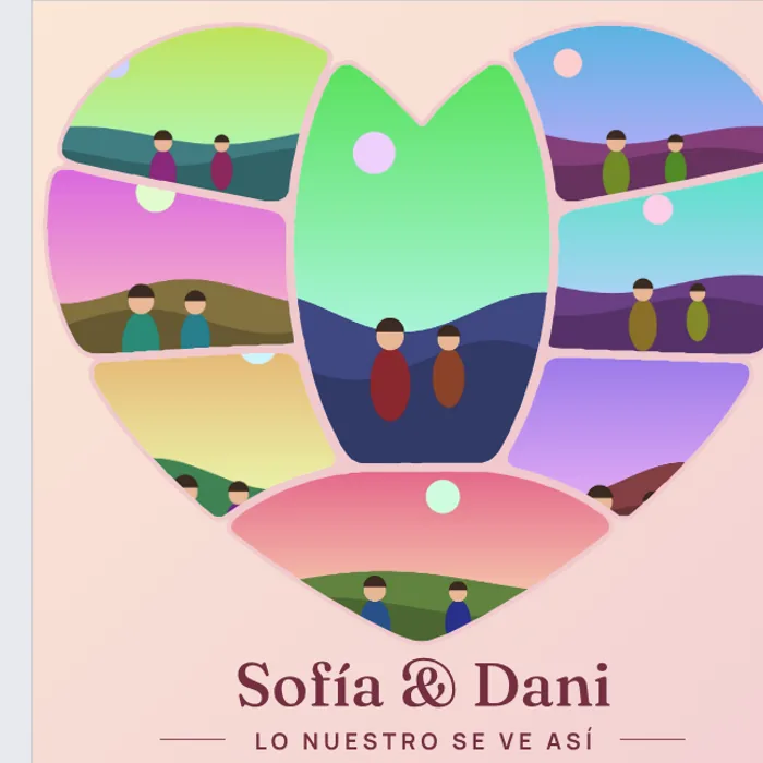 Collage en forma de corazón con el título «Sofía y Dani», con fotos de prueba ilustradas