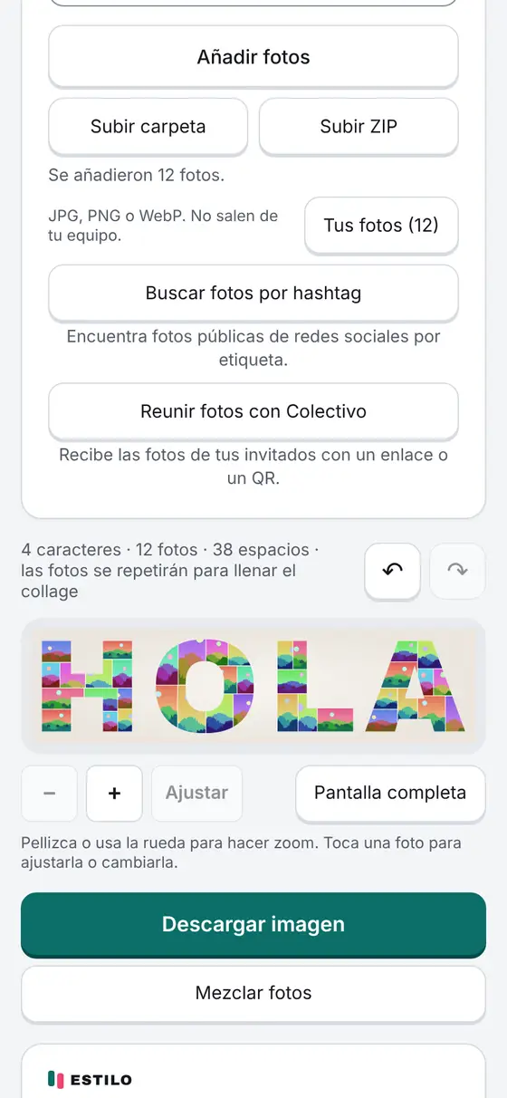 El editor en un teléfono: el texto HOLA relleno con 12 fotos de prueba, los botones para añadir fotos, subir una carpeta o un ZIP, y el botón Descargar imagen