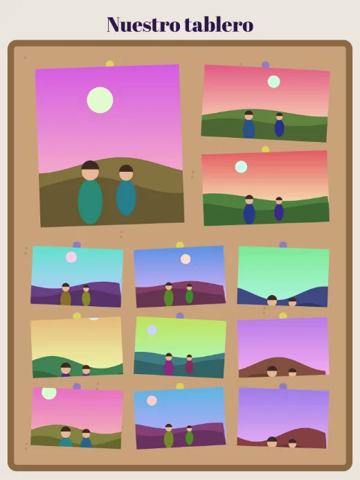 Diseño «Tablero de corcho» de Amistad, hecho con el motor de la app y fotos de prueba ilustradas