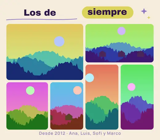Diseño «Los de siempre» de Amistad, hecho con el motor de la app y fotos de prueba ilustradas
