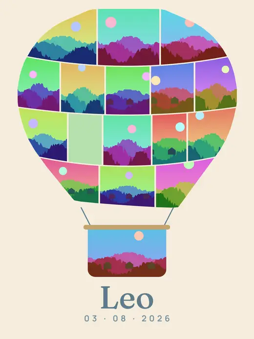 Diseño «Pequeño gran viaje» de Bebé y nacimiento, hecho con el motor de la app y fotos de prueba ilustradas