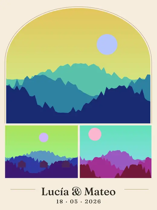 Diseño «El día que empezó todo» de Boda y aniversario, hecho con el motor de la app y fotos de prueba ilustradas
