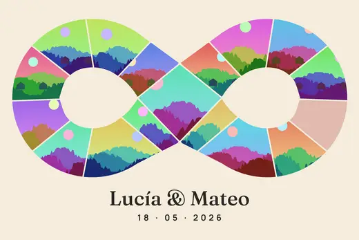 Diseño «Dos historias, un infinito» de Boda y aniversario, hecho con el motor de la app y fotos de prueba ilustradas