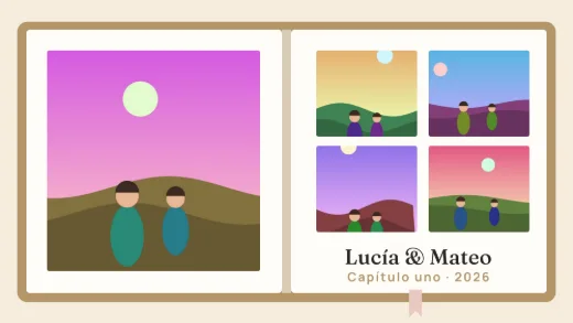 Diseño «Nuestro libro» de Boda y aniversario, hecho con el motor de la app y fotos de prueba ilustradas