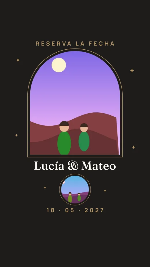 Diseño «Reserva la fecha» de Boda y aniversario, hecho con el motor de la app y fotos de prueba ilustradas