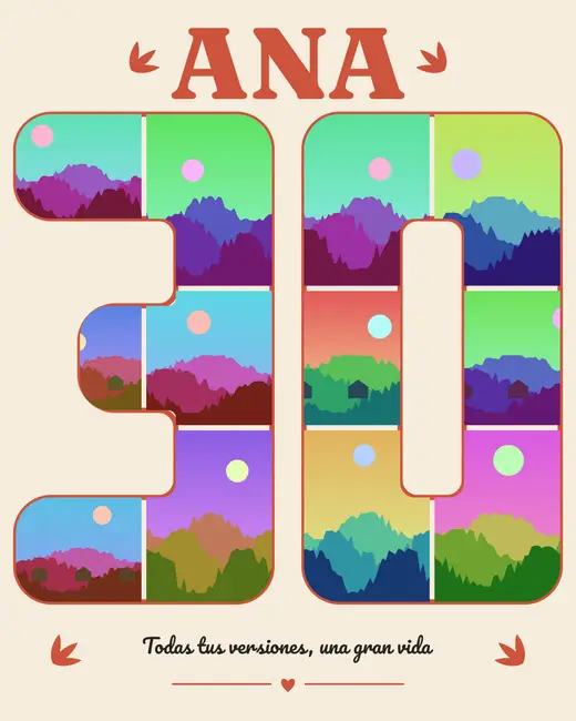 Diseño «Una edad, mil historias» de Cumpleaños, hecho con el motor de la app y fotos de prueba ilustradas