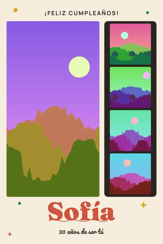 Diseño «Tira de fotomatón» de Cumpleaños, hecho con el motor de la app y fotos de prueba ilustradas