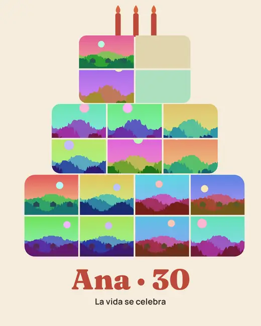Diseño «La vida en capas» de Cumpleaños, hecho con el motor de la app y fotos de prueba ilustradas