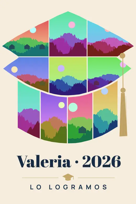 Diseño «Todo lo que nos trajo aquí» de Graduación, hecho con el motor de la app y fotos de prueba ilustradas