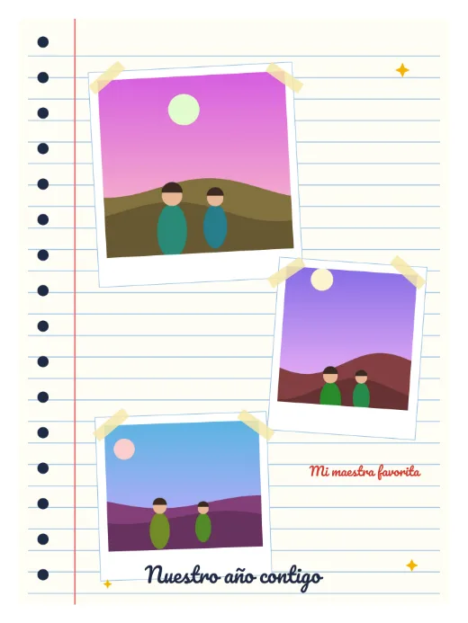Diseño «Cuaderno de recuerdos» de Día del Maestro, hecho con el motor de la app y fotos de prueba ilustradas
