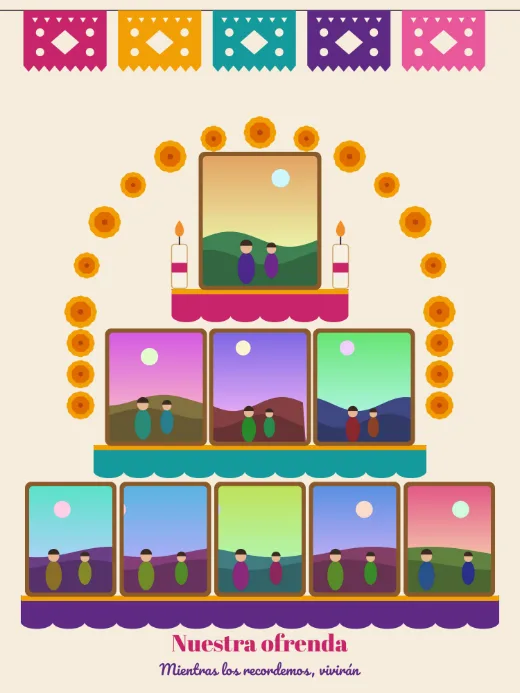 Diseño «Ofrenda de tres niveles» de Día de Muertos, hecho con el motor de la app y fotos de prueba ilustradas