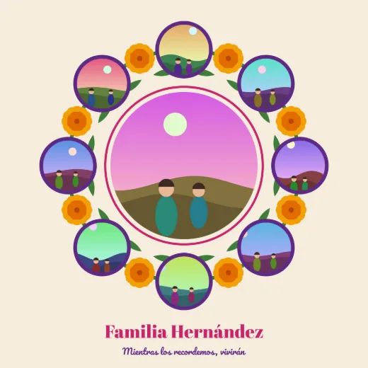 Diseño «Corona de cempasúchil» de Día de Muertos, hecho con el motor de la app y fotos de prueba ilustradas