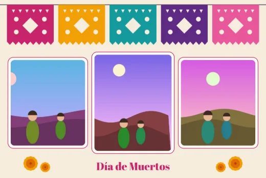 Diseño «Papel picado» de Día de Muertos, hecho con el motor de la app y fotos de prueba ilustradas