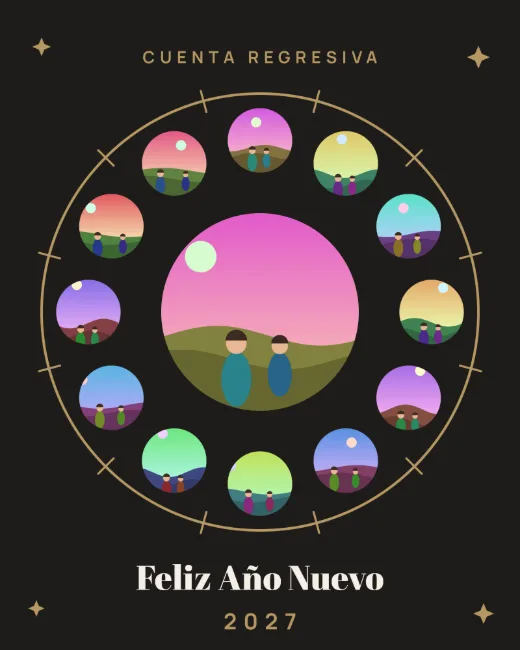Diseño «Doce campanadas» de Navidad y Año Nuevo, hecho con el motor de la app y fotos de prueba ilustradas