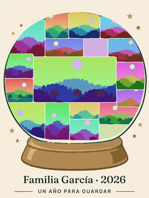 Diseño «Nuestra esfera del año» de Navidad y Año Nuevo, hecho con el motor de la app y fotos de prueba ilustradas