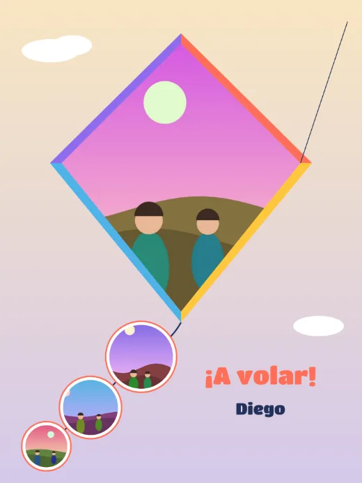 Diseño «Cometa» de Día del Niño, hecho con el motor de la app y fotos de prueba ilustradas