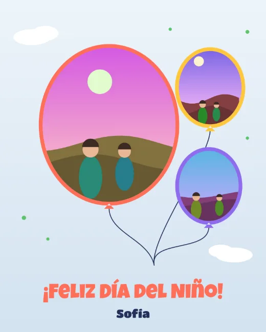 Diseño «Globo de colores» de Día del Niño, hecho con el motor de la app y fotos de prueba ilustradas