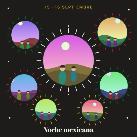 Diseño «Fuegos artificiales» de Fiestas Patrias, hecho con el motor de la app y fotos de prueba ilustradas
