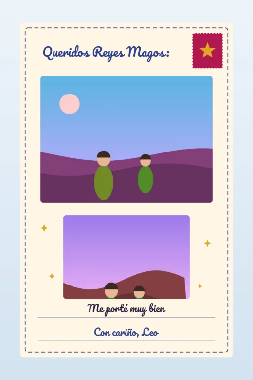 Diseño «Carta a los Reyes» de Reyes y Rosca, hecho con el motor de la app y fotos de prueba ilustradas