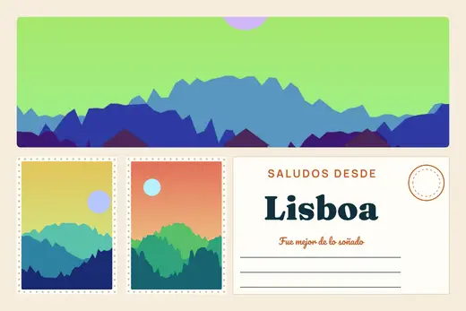 Diseño «Postal desde…» de Viajes y vacaciones, hecho con el motor de la app y fotos de prueba ilustradas